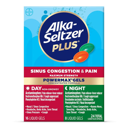Alka-Seltzer Plus Maximum Strength PowerMax Sinus Congestion & Pain Medicine, Day + Night Liquid Gels - Powerful Relief for Cold and Flu, + Sinus Congestion for Adults and Children 12+ Years, 24 Count ALKA-SELTZER PLUS buy supplements Au