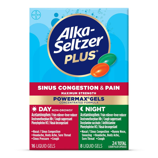 Alka-Seltzer Plus Maximum Strength PowerMax Sinus Congestion & Pain Medicine, Day + Night Liquid Gels - Powerful Relief for Cold and Flu, + Sinus Congestion for Adults and Children 12+ Years, 24 Count ALKA-SELTZER PLUS buy supplements Au