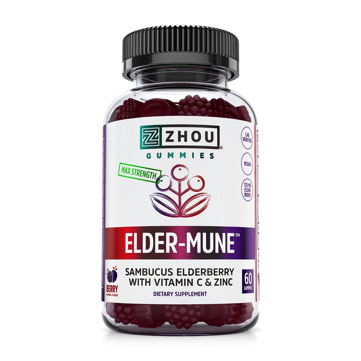 Zhou Nutrition Elder-Mune Sambucus Elderberry Gummies with Zinc and Vitamin C Zhou Nutrition
