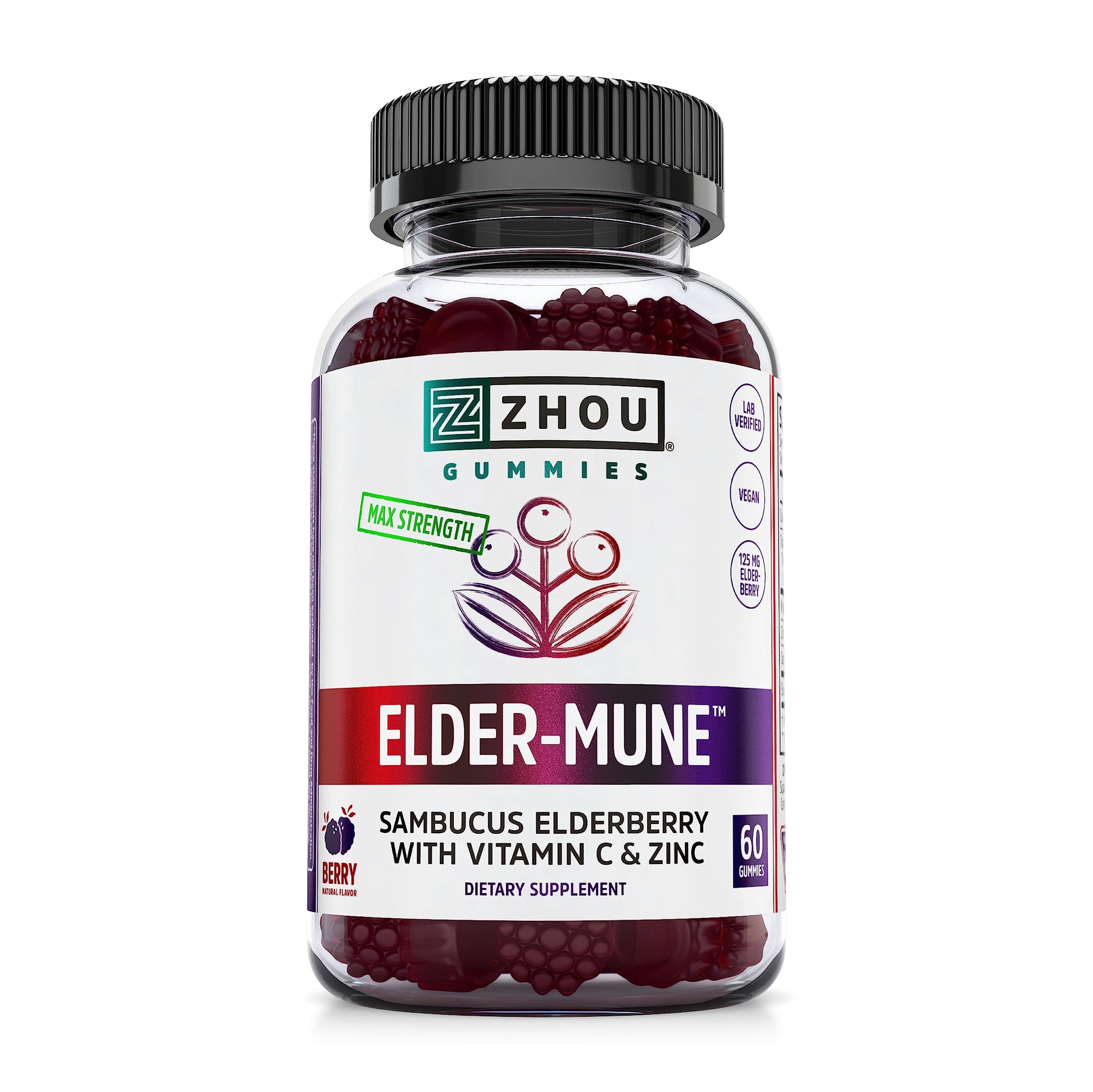 Zhou Nutrition Elder-Mune Sambucus Elderberry Gummies with Zinc and Vitamin C Zhou Nutrition