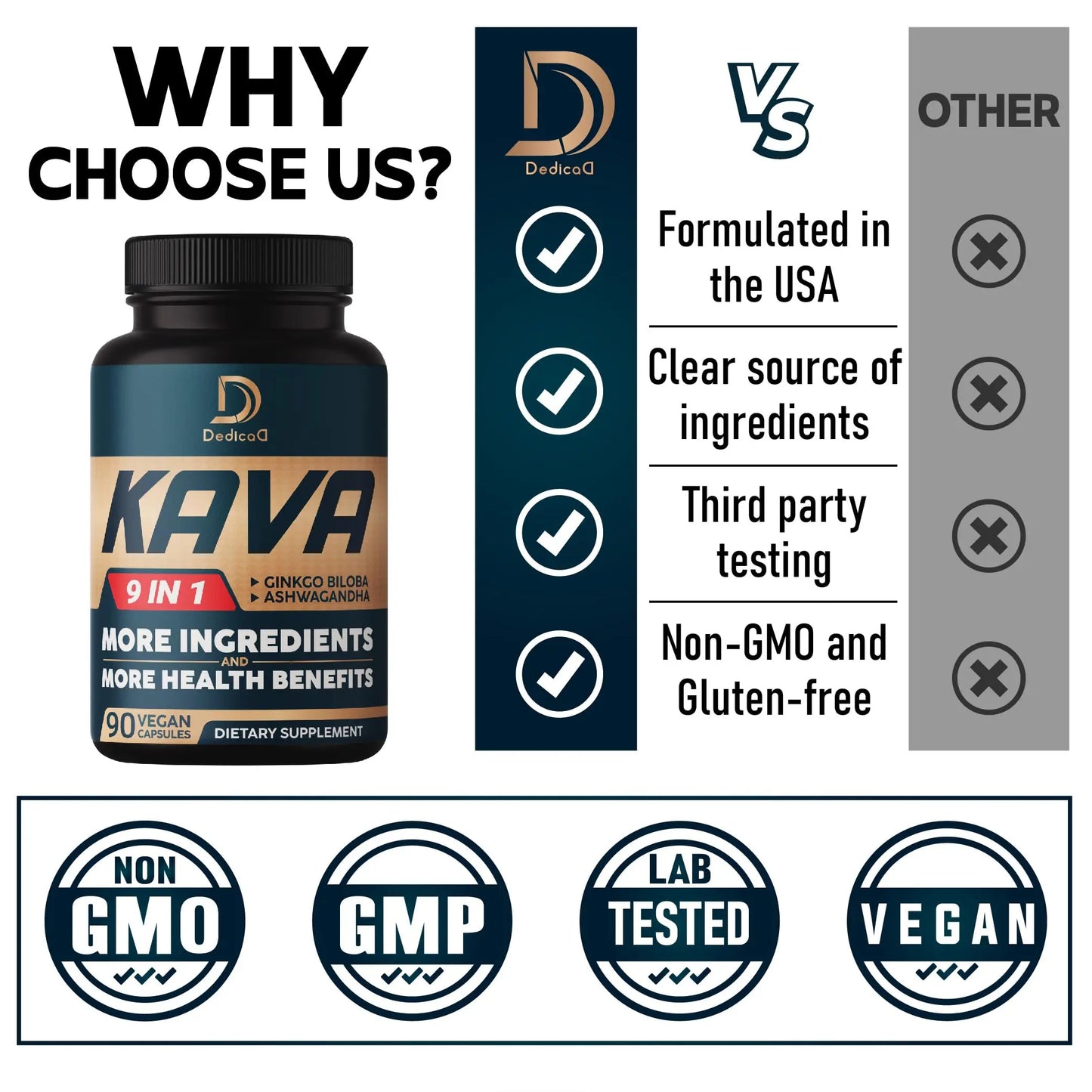 DEDICAD Kava Kava Capsules - 3 Month Supply - 9 Herbs with Ginkgo Biloba, Ashwagandha Root, Andean Cocoa, Graviola Leaf, Chamomile, Valerian, Lemon Balm & Skullcap - Support Mood & Immune - 90 Pills DEDICAD buy supplements Au