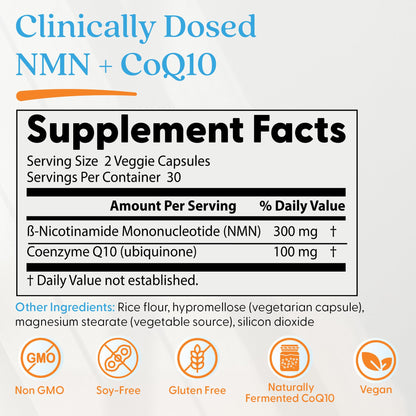 Doctor's Best NMN + CoQ10 Supplement for Women & Men - Supports NAD+ Production & Cellular Energy, Beta Nicotinamide Mononucleotide 150 mg & Coenzyme Q10 50 mg per Capsule, Vegan, Non GMO- 60 Veg Caps Doctor's BESTBuy Supplements Australia