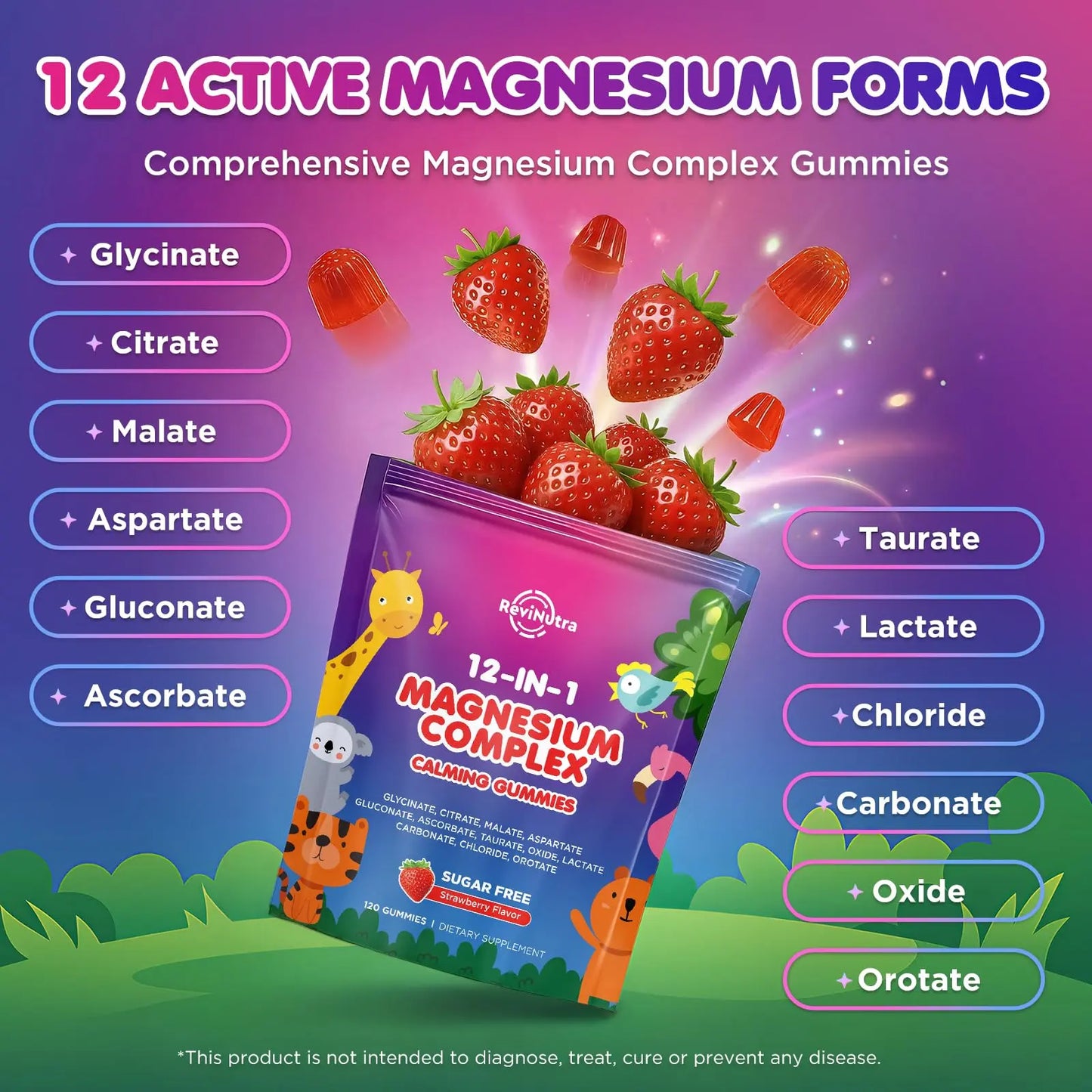 Magnesium Complex 700mg - 12 in 1 Magnesium Gummies with Glycinate, Citrate, Malate, Oxide, Taurate, Aspartate, Orotate - Supports Relaxation, Muscle & Heart - Sugar Free Strawberry 120 Count ReviNutra buy supplements Au