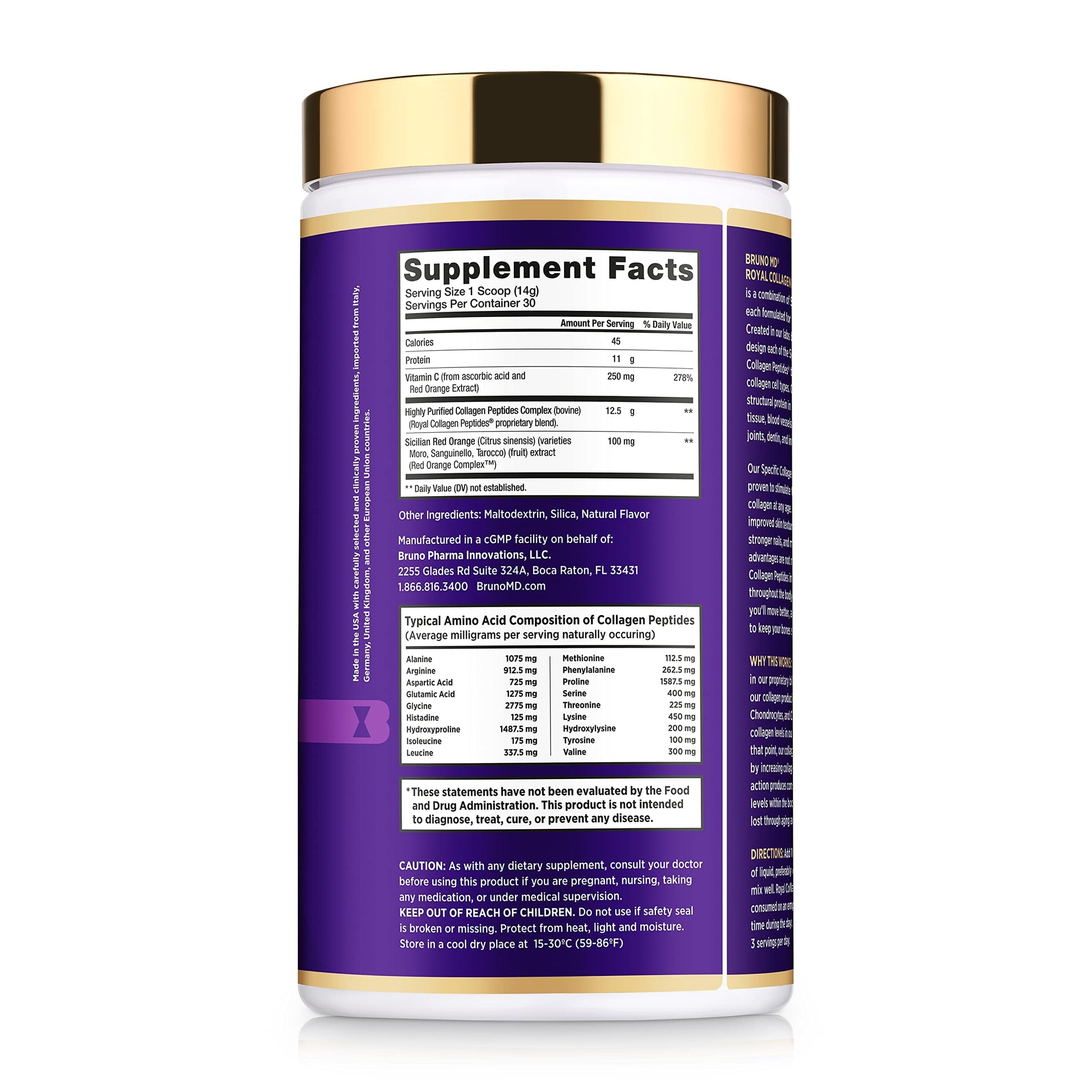 Bruno MD Royal Collagen Peptides, Clinically proven, Dietary Supplement, Improves Skin & Cellulite, European Sourced, Improves the Look of Hair & Nails, Blended with Vitamin C, Bone & Joint Supplement BRUNO MDBuy Supplements Australia