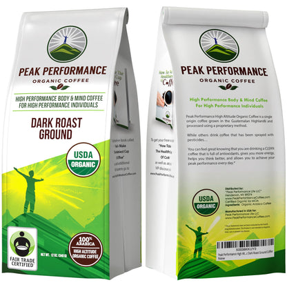 Peak Performance High Altitude Organic Coffee - Fair Trade, Low Acid, Non GMO, and Beans Full of Antioxidants - Dark Roast Smooth Tasting USDA Certified Organic Ground Coffee Bag 12 oz Peak PerformanceBuy Supplements Australia