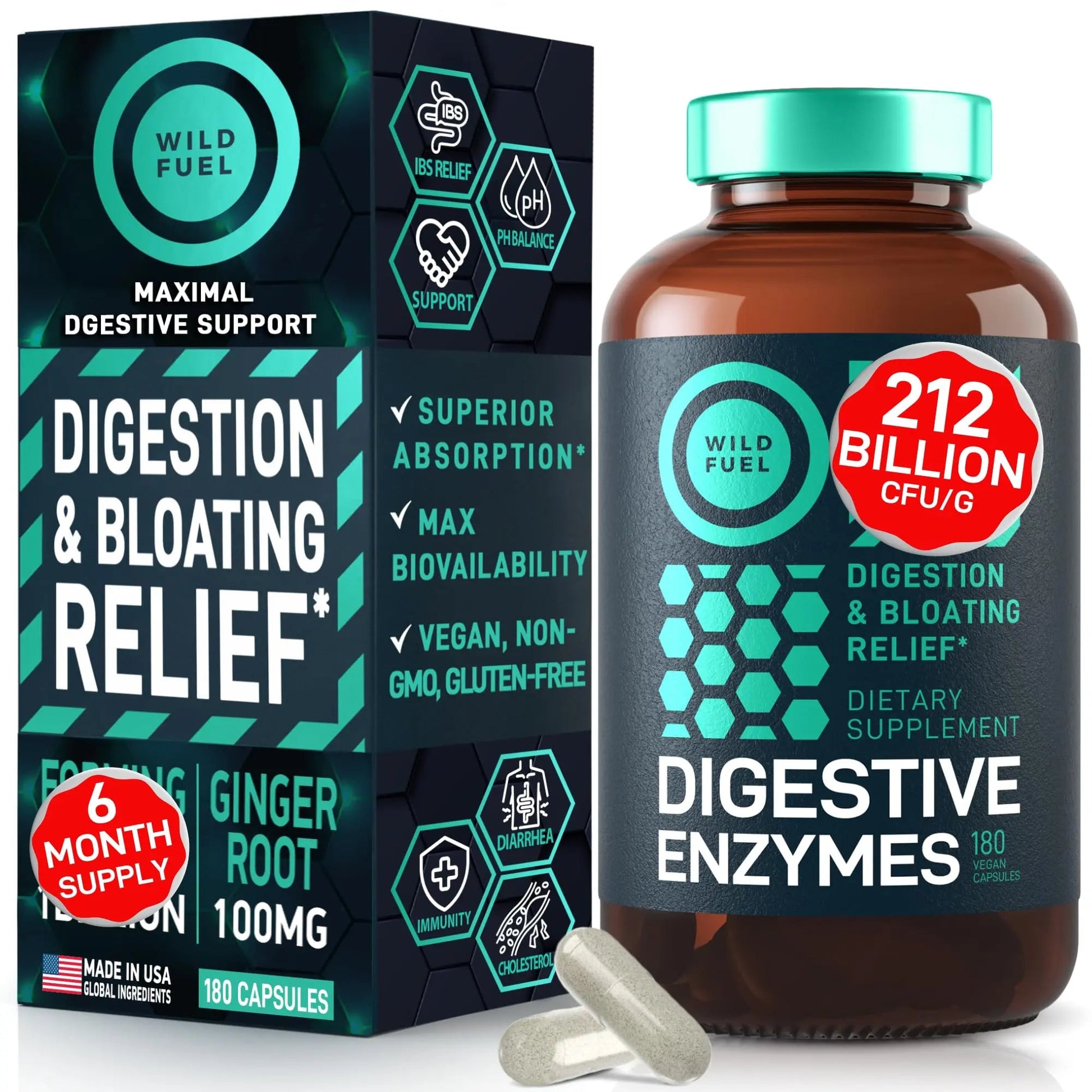 Digestive Enzymes for Women and Men with Probiotics and Prebiotics - Vegan Digestive Enzyme Blend - Bloating Support, Gut Health & Digestion Supplement with Artichoke Ginger Turmeric - 180 Capsules WILD FUELBuy Supplements Australia