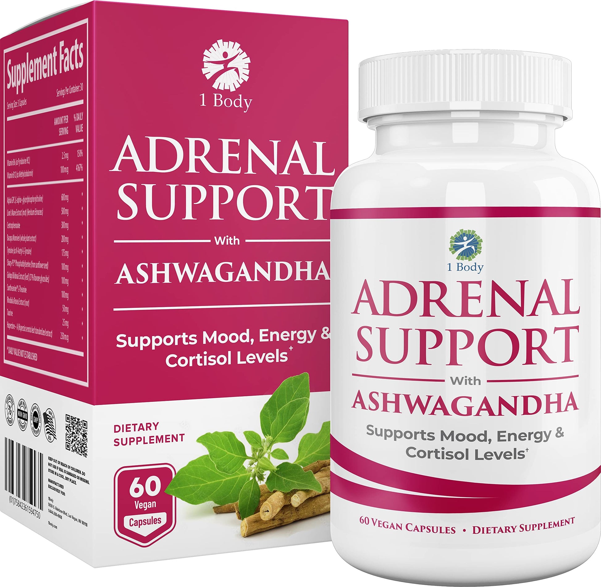 1 Body Adaptogen Complex Supplement with Ashwagandha - 60 Vegan Cap 1 Body