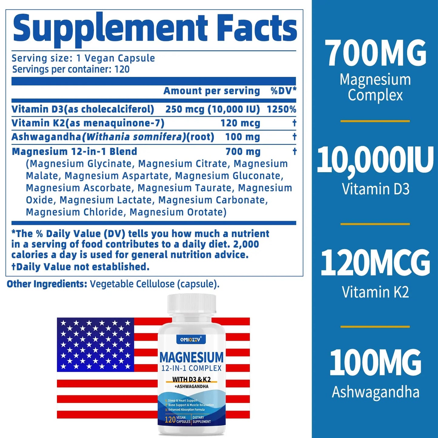 Magnesium Complex 12 in 1 Supplement for Women & Men 700mg, Magnesium Glycinate with Vitamin D3 K2, Citrate Malate Oxide Taurate Aspartate Orotate, for Relaxation, Heart, Energy, Muscle, 120 Capsules Qmiozzy buy supplements Au