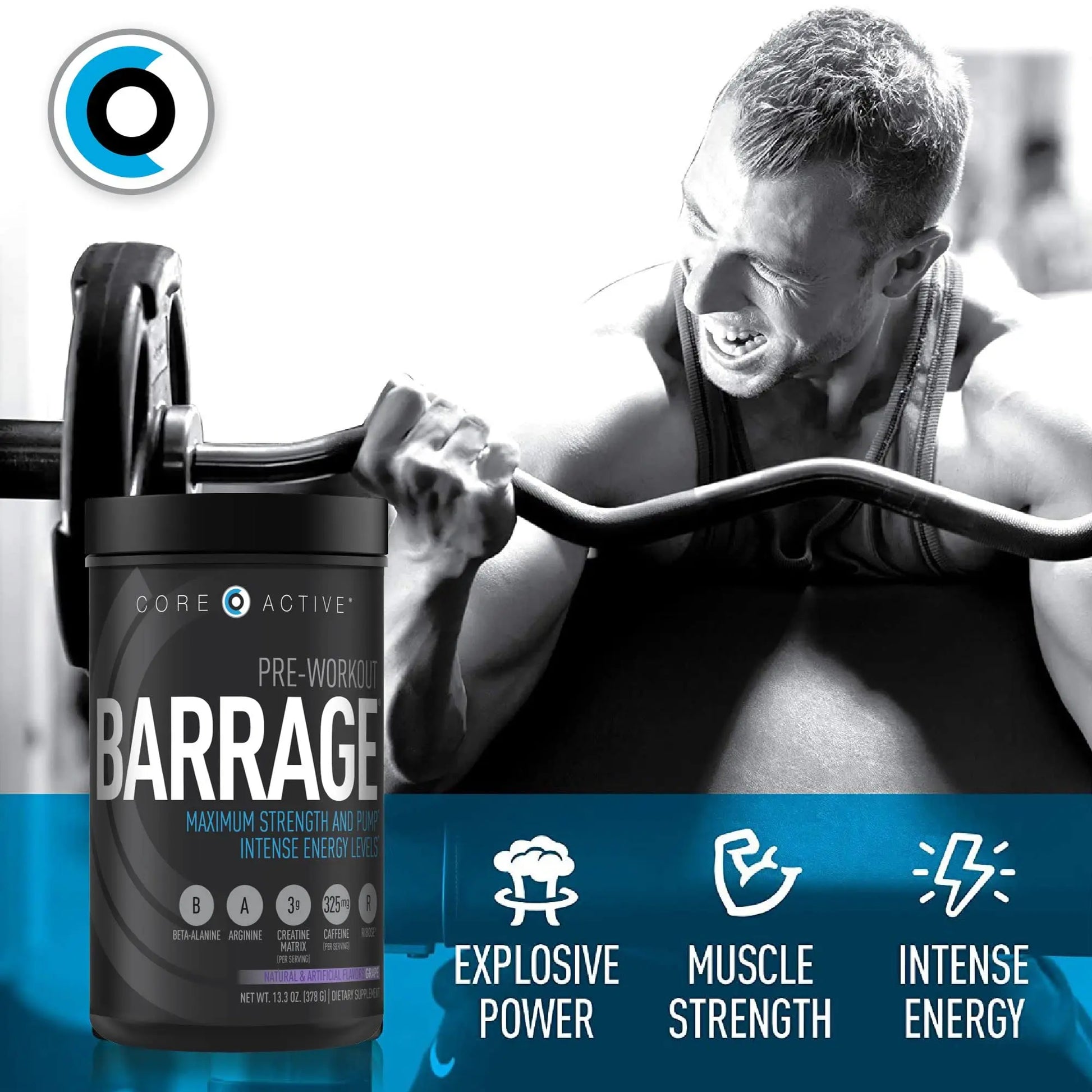 (CORE)ACTIVE Barrage Pre Workout Powder - Preworkout for Women & Men, Creatine (CORE)ACTIVE