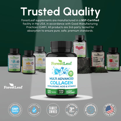 ForestLeaf Multi Collagen Pills with Hyaluronic Acid + Vitamin C | Hydrolyzed Collagen Supplements for Women or Men | Multi Collagen Capsules Peptides for Skin, Wrinkles, 120 Caps ForestLeafBuy Supplements Australia