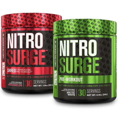 Jacked Factory Nitrosurge Pre-Workout in Arctic White & Watermelon Nitrosurge Shred Jacked Factory