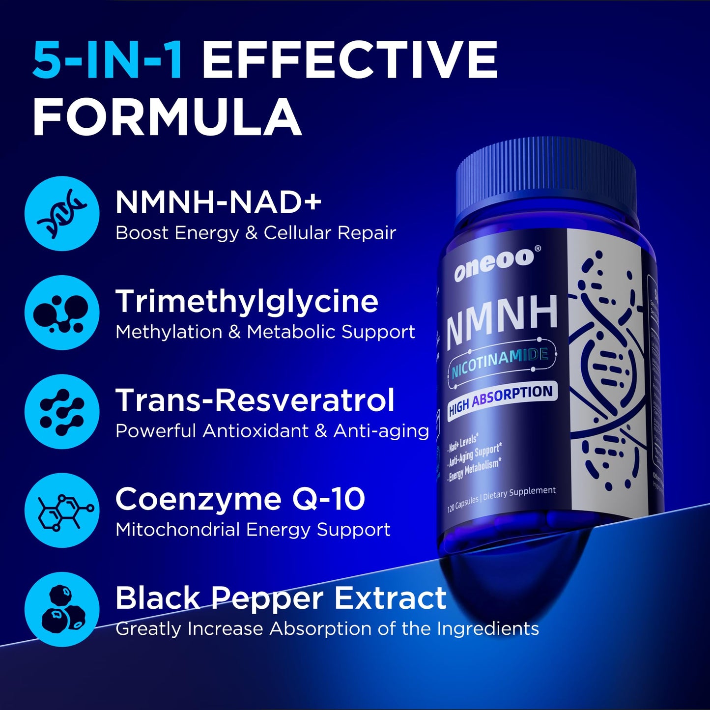 Oneoo NMNH Supplement with NAD Supplement Maximum Potency with Resveratrol & Pterostilbene, CoQ10 & Black Pepper, for Cellular Energy, Anti-Aging Support, Sirtuin Activation & Methylation Support, 120 OneooBuy Supplements Australia