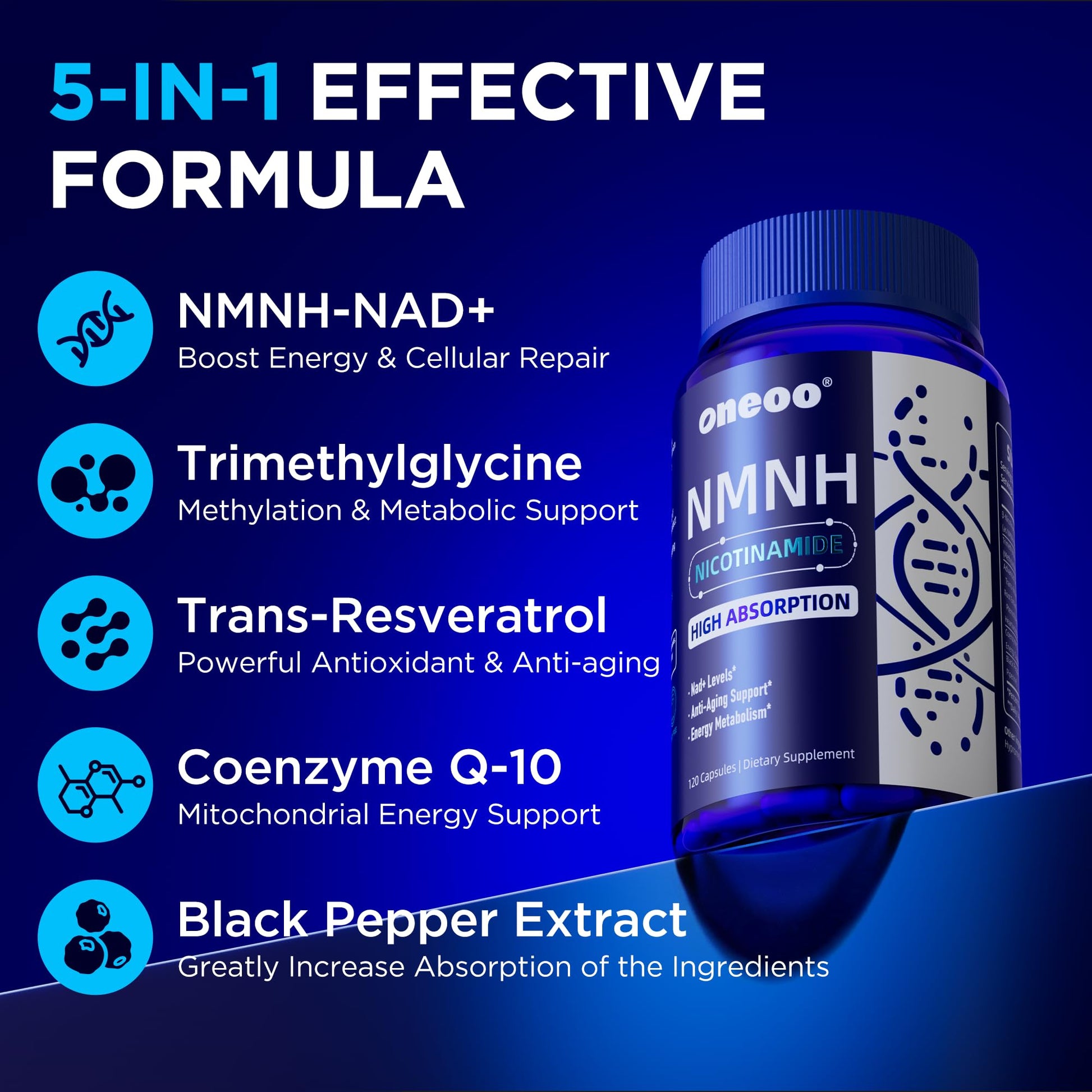 Oneoo NMNH Supplement with NAD Supplement Maximum Potency with Resveratrol & Pterostilbene, CoQ10 & Black Pepper, for Cellular Energy, Anti-Aging Support, Sirtuin Activation & Methylation Support, 120 OneooBuy Supplements Australia