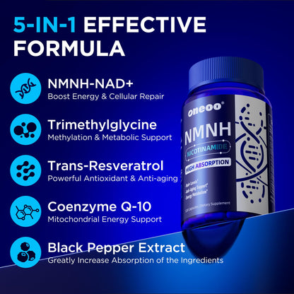 Oneoo NMNH Supplement with NAD Supplement Maximum Potency with Resveratrol & Pterostilbene, CoQ10 & Black Pepper, for Cellular Energy, Anti-Aging Support, Sirtuin Activation & Methylation Support, 120 OneooBuy Supplements Australia