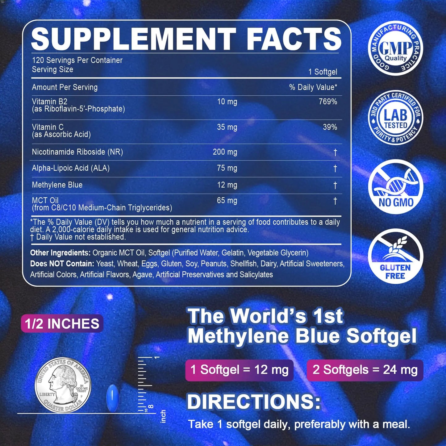 LILICARE Advanced 12mg Methylene Blue Softgels for Humans | Upgraded Brain & Cellular Energy Supplement with CoQ10, NR & ALA | High Absorption Formula, Non-GMO, Mitochondrial & ATP Support, 120 Cts LILICARE buy supplements Au