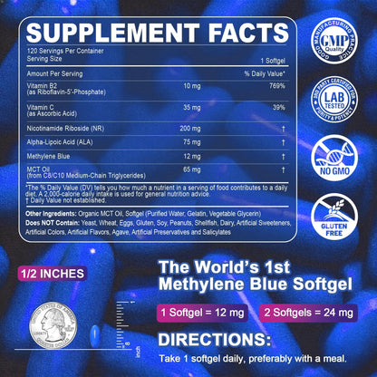 LILICARE Advanced 12mg Methylene Blue Softgels for Humans | Upgraded Brain & Cellular Energy Supplement with CoQ10, NR & ALA | High Absorption Formula, Non-GMO, Mitochondrial & ATP Support, 120 Cts LILICARE buy supplements Au