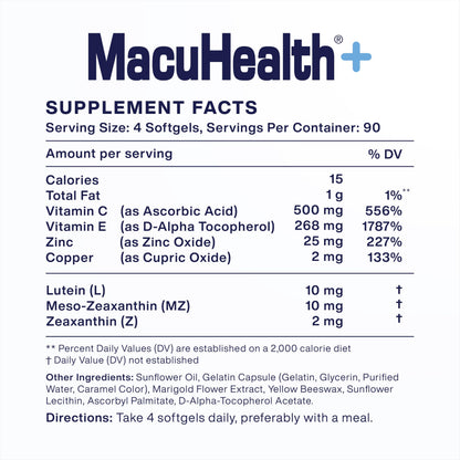 Macuhealth Plus+ Eye Vitamins Supplement for Adults - 90 Day Supply with Lutein, Zeaxanthin, and Meso-Zeaxanthin