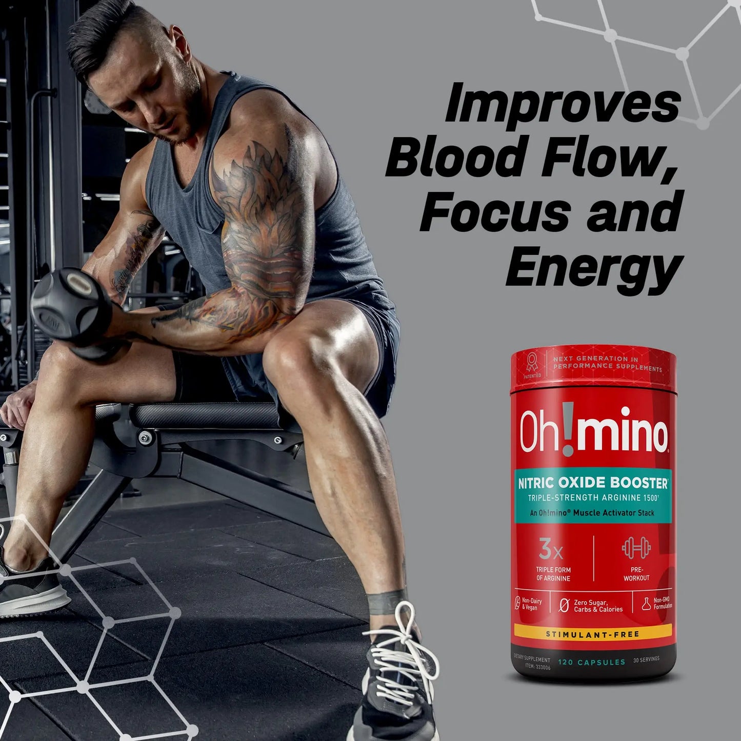 Oh!mino Nitric Oxide Supplement Activator Booster, Triple Strength L-Arginine for Energy Oh!mino