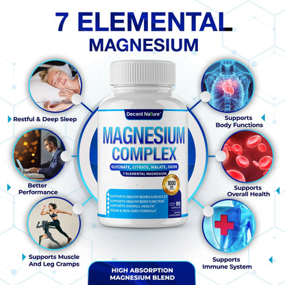 Magnesium Complex 7 Elemental Magnesium Supplement 1000mg – Magnesium Glycinate, Citrate, Malate, Taurate, Oxide, Aspartate, Orotate Non-GMO 90 Capsules DECENT NATURE buy supplements Au