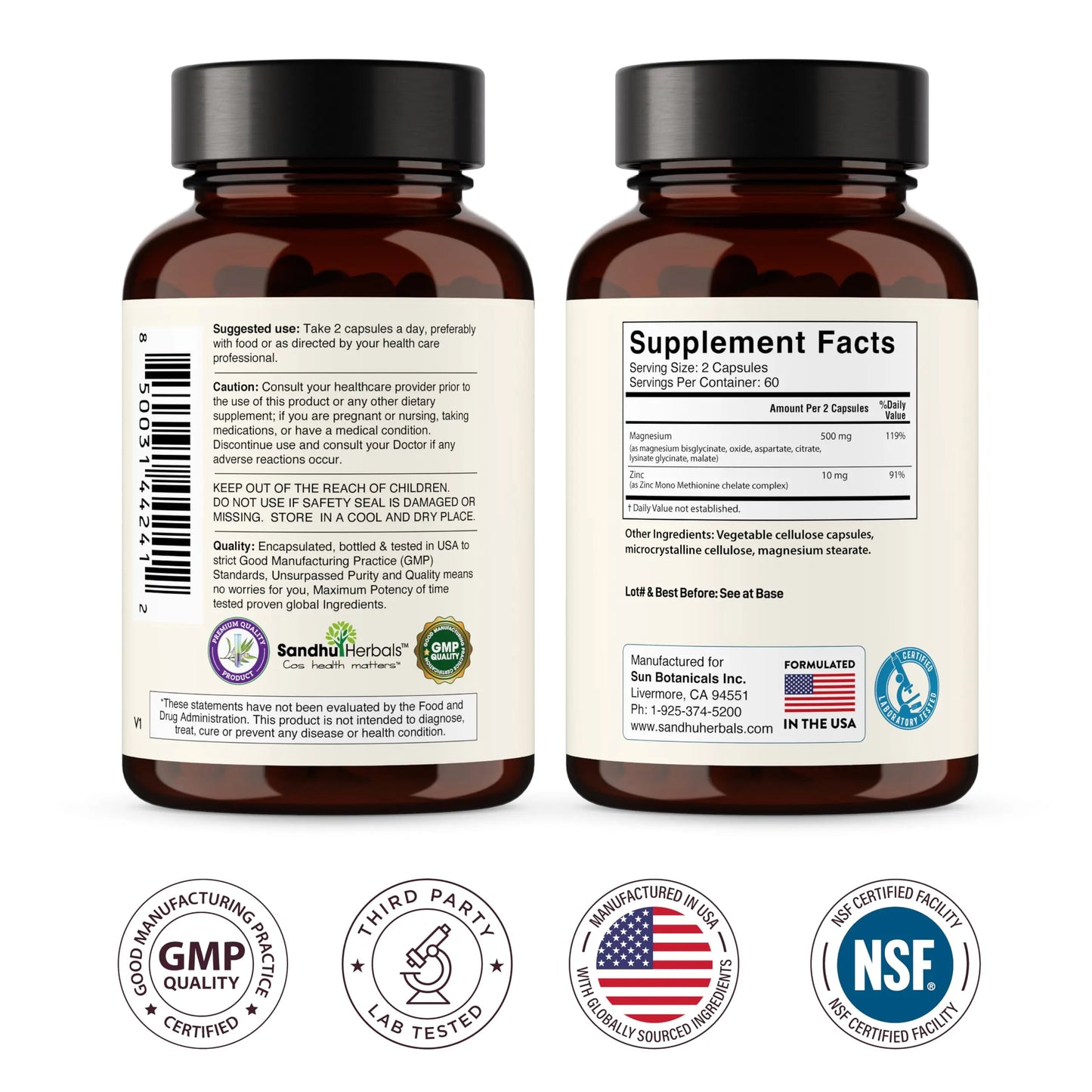 Complete Magnesium Complex 500mg for Women & Men | 120 Capsules | 6 in 1 Mag Supplement with Zinc | Quality Sleep & Muscle Health | Glycinate, Citrate SANDHUHERBALS
