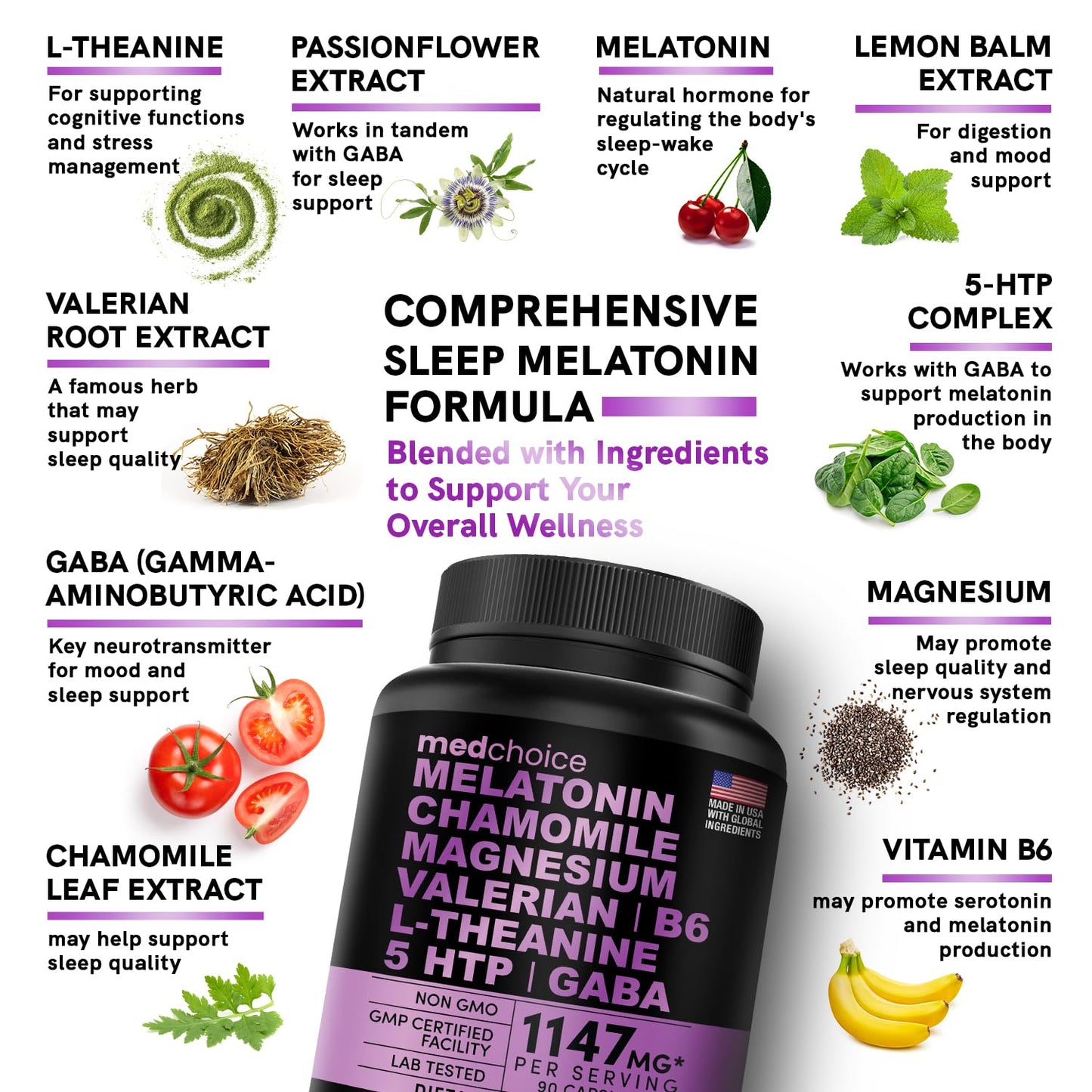 10-in-1 Melatonin Capsules - Melatonin 5mg Natural Sleep Aid for Adults MEDCHOICE