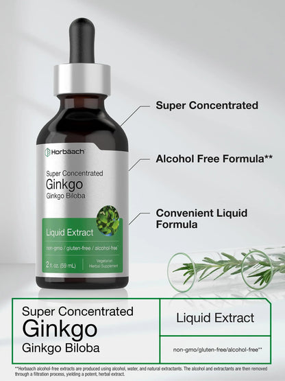 Ginkgo Biloba Extract Liquid 2 fl oz | Alcohol-Free Herb Supplement | Vegetarian Horbäach