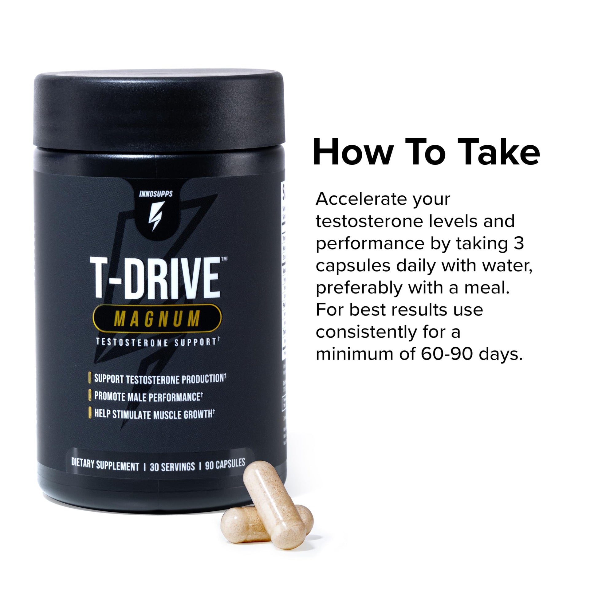InnoSupps T-Drive Magnum Testosterone Booster Enhance Peak Performance Amplify Muscle Growth, Increase Libido & Energy Levels, Horny Goat Weed Tongkat Ali, Zinc, Fenugreek, Fat Burner 90 Caps/30 Days InnoSuppsBuy Supplements Australia