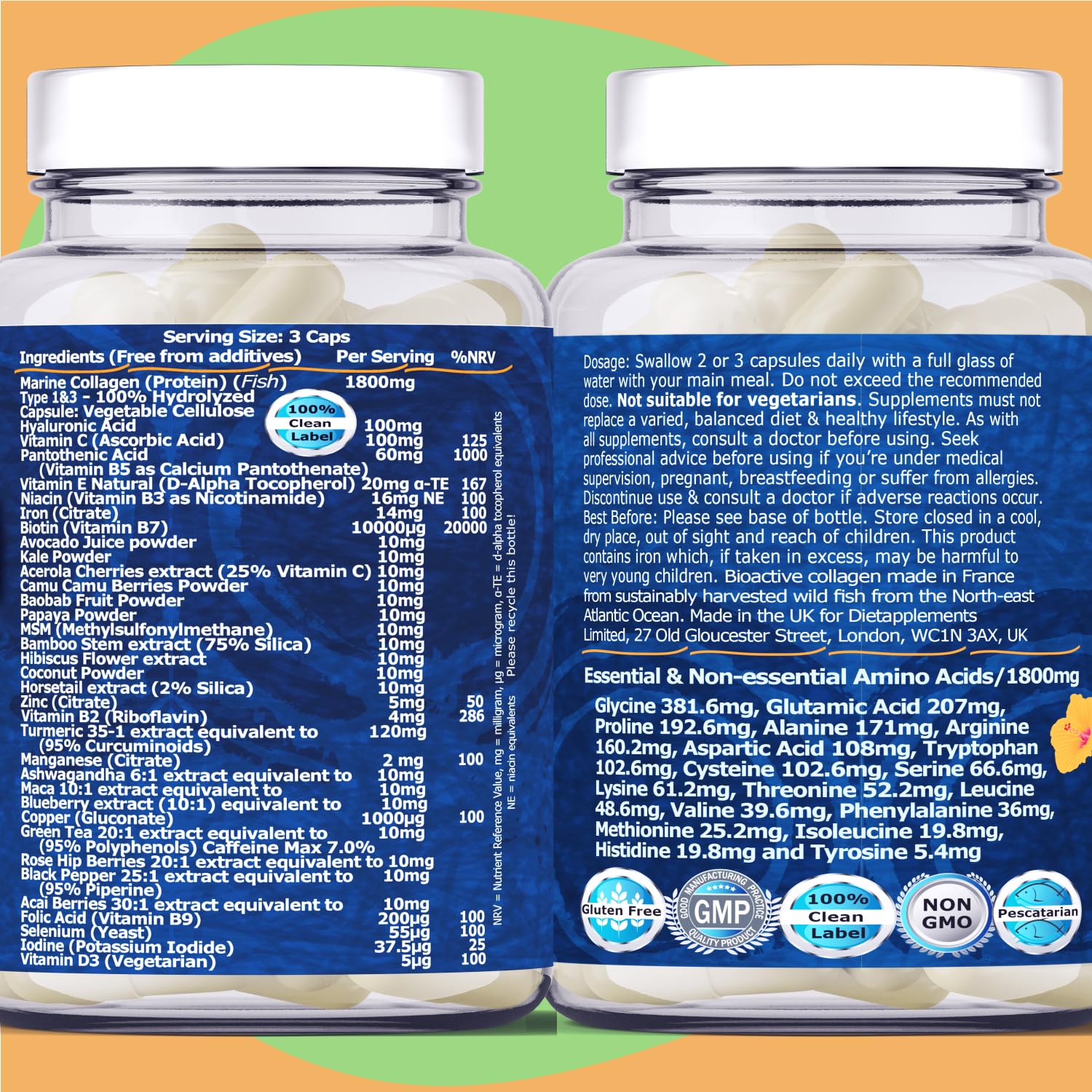 Marine Collagen Type1&3 1800mg, Biotin 10000mcg/serving, Hyaluronic Acid, Vitamins, Minerals, Botanicals DietapplementsBuy Supplements Australia
