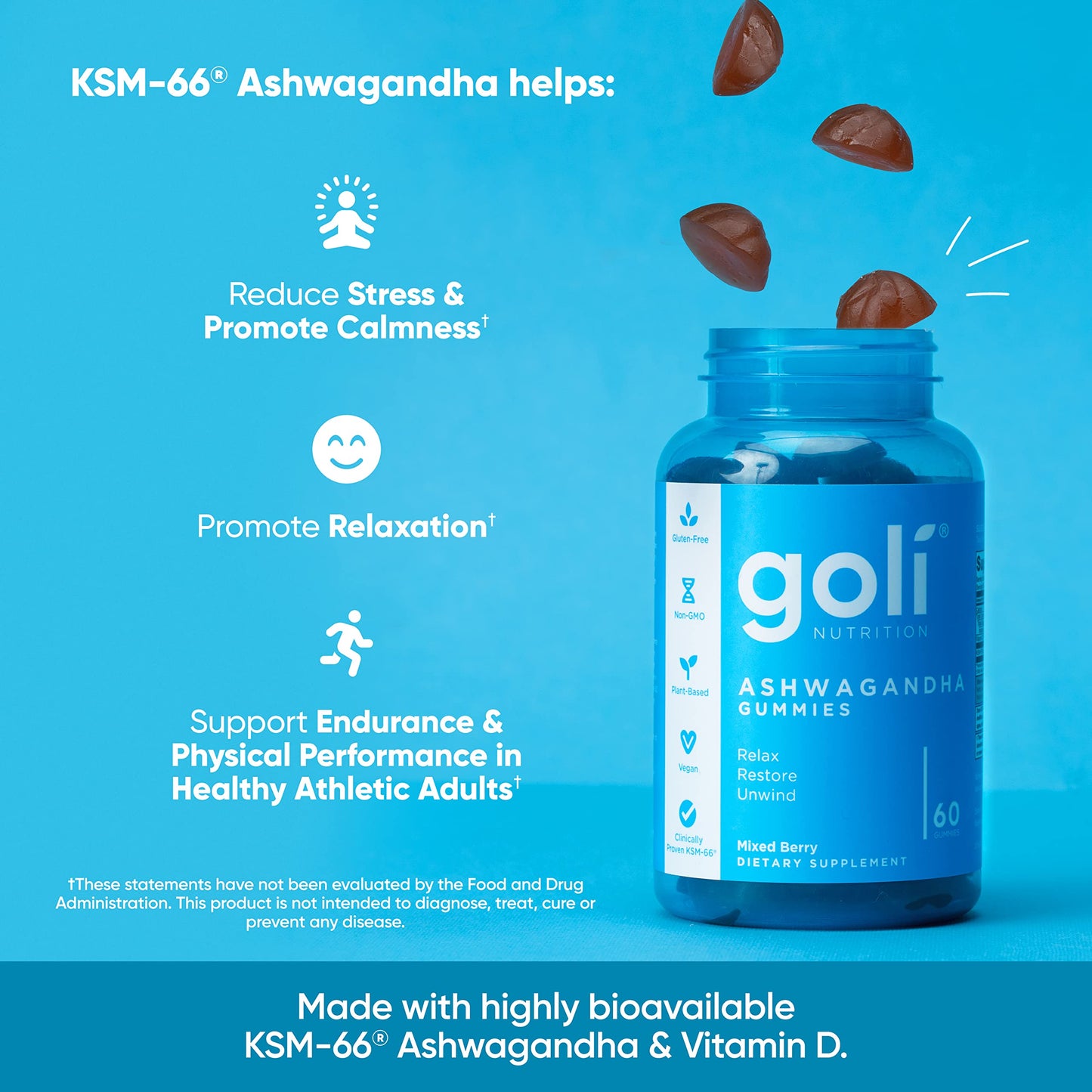 Goli Ashwagandha & Vitamin D Gummy - 180 Count - Mixed Berry, KSM-66, Vegan GoliBuy Supplements Australia