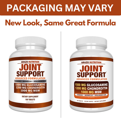 Arazo Nutrition Glucosamine Chondroitin Turmeric Msm Boswellia - Joint Support Supplement for Relief 180 Tablets for Bones, Back,