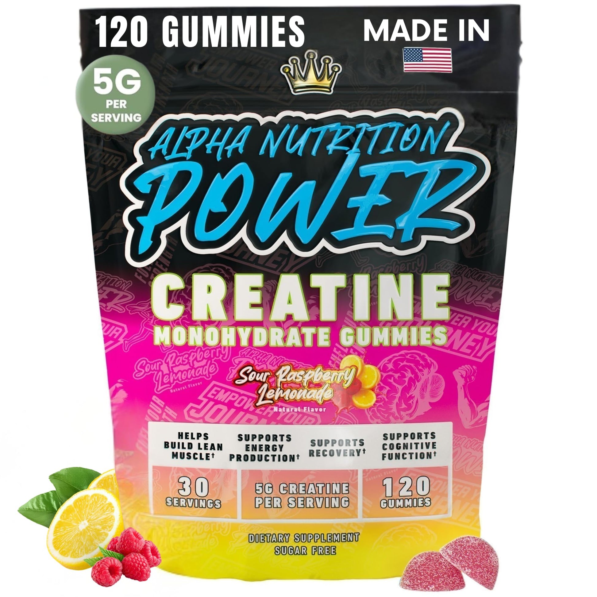 Creatine Monohydrate Gummies 5g - Raspberry Lemonade Flavored Creatine for Women and Men - Supplement for Muscle Gain, Strength, Energy, Cognitive Health, Pre and Post Workout, Recovery, (120 Gummies) Alpha Nutrition PowerBuy Supplements Australia