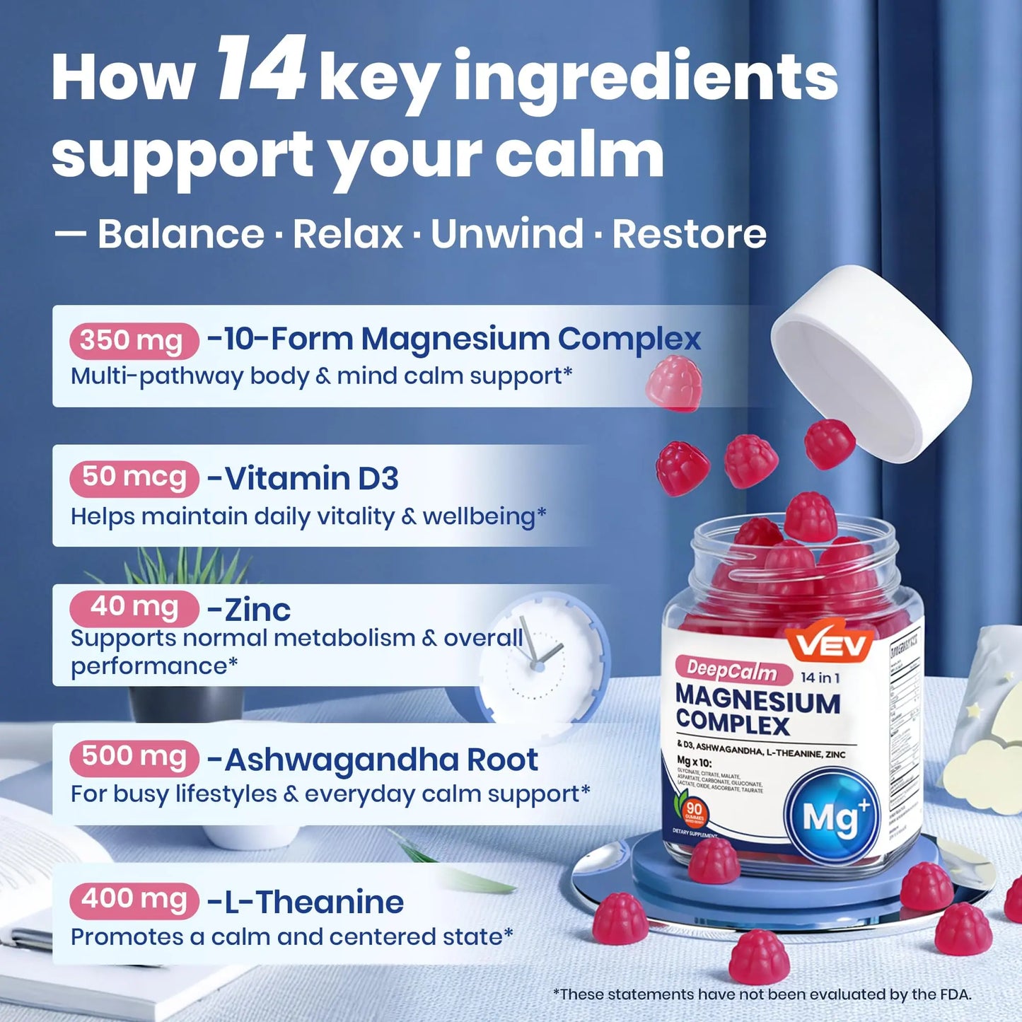 VEV Deep Calm Magnesium Complex 14-in-1 Gummies – 90 Count (Pack of 1) – with D3, Ashwagandha, L-theanine, Zinc – Magnesium Complex for Women and Men VEV