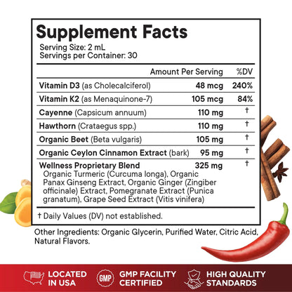 Cayenne Pepper Supplement Liquid Drops + Hawthorn Berry, Vitamin D3 K2 Beet Root Powder, Ceylon Cinnamon, Turmeric Curcumin, Organic Panax Ginseng - 4 OZ Superfood MD buy supplements Au