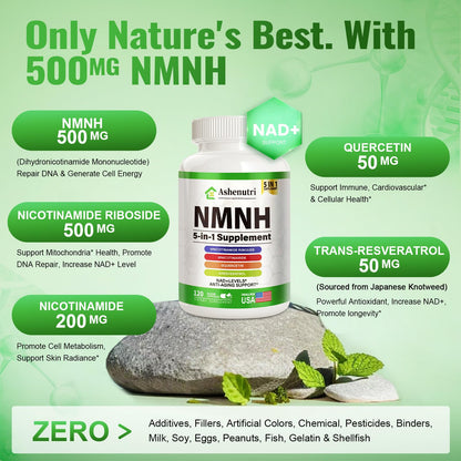 NMNH (Dihydronicotinamide Mononucleotide), NMN Alternative Supplement w/Niacinamide (Vitamin B3), Quercetin, Trans-Resveratrol, Support NAD+, Skin Cell Health*, Anti-Aging & Energy, 120 Caps AshenutriBuy Supplements Australia