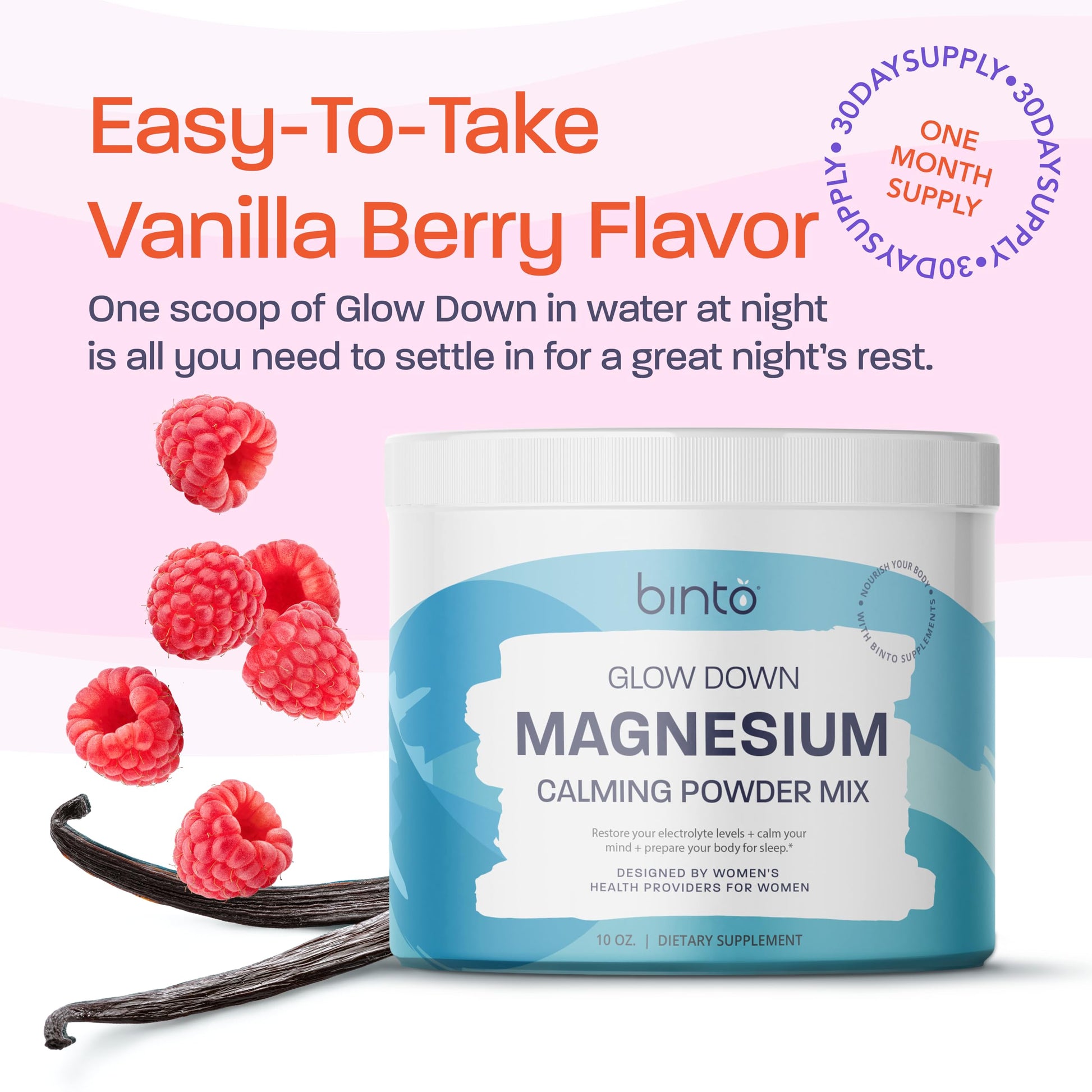 Binto Glow Down - Sleep Better & De-Stress with Our Berry Vanilla Magnesium Drink Mix, Made in USA, Sugar-Free, Preservative-Free, Gluten-Free Drink Mix (60 Day Supply) BintoBuy Supplements Australia