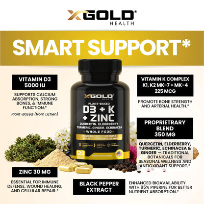 Vitamin D, K2, K1, Zinc, Quercetin, Elderberry, Turmeric, Ginger & Echinacea Whole Food Supplement 8 in 1- D3 5000 IU Plant-Based from Lichen, Vitamin K (K2 MK7, MK4, K1) X Gold Health