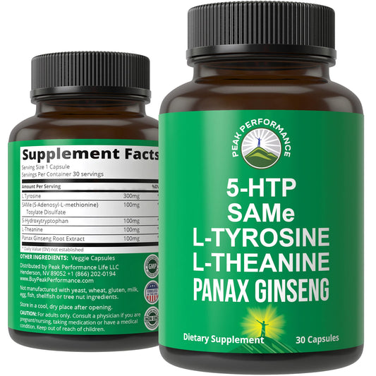 Peak Performance Mood Support Supplement with 5 Top Ingredients: 5HTP, SAM e, L Tyrosine, L Theanine, and Panax Ginseng. Calm, Focus, Relaxation Supplements. Vegan Peak PerformanceBuy Supplements Australia