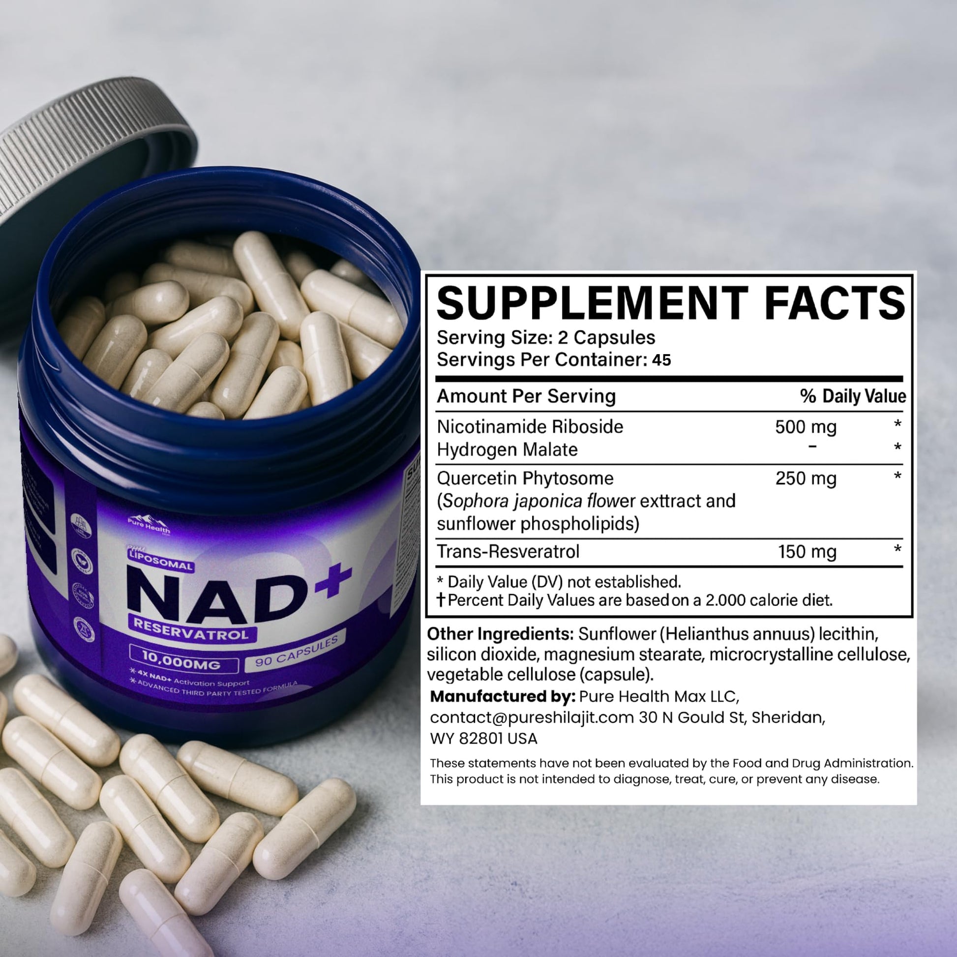 PURE HEALTH MAX PHM NAD Resveratrol Supplement - 10,000MG Extra Strength | NAD+ Liposomal Supplements for Men and Women | NMN & NMNH Alternative | 90 Capsules, 1.5 Months Supply PURE HEALTH MAXBuy Supplements Australia