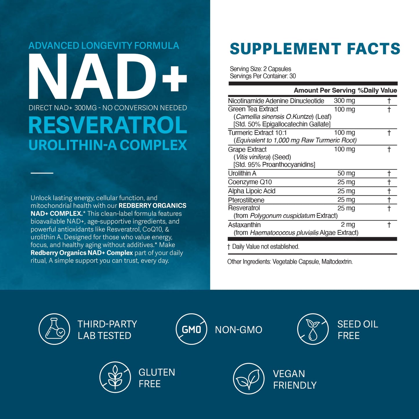 NAD Supplement with Direct NAD+ 300mg (NAD Plus) | Advanced Longevity Complex with Urolithin A & Resveratrol | NMN Alternative | 60 Capsules | Non-GMO, Gluten Free | Made in USA Redberry OrganicsBuy Supplements Australia
