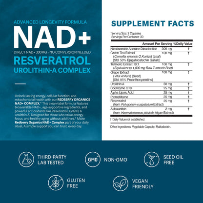 NAD Supplement with Direct NAD+ 300mg (NAD Plus) | Advanced Longevity Complex with Urolithin A & Resveratrol | NMN Alternative | 60 Capsules | Non-GMO, Gluten Free | Made in USA Redberry OrganicsBuy Supplements Australia