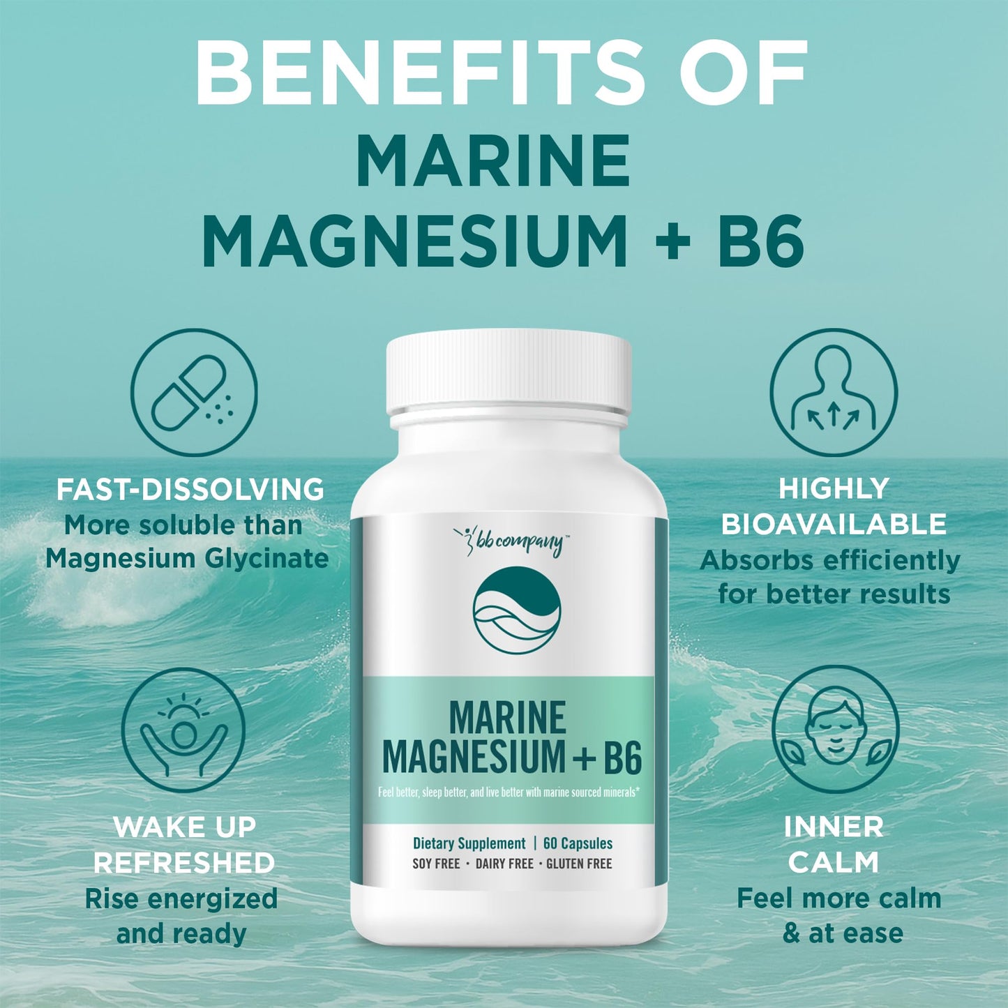 Ocean Magnesium 200mg Aquamin | More Soluble Than Magnesium Glycinate | Whole Food Mag B6 Supplement for Women | Gentle on Stomach & Vegan | Sleep Support, Calms Nerves & Leg Cramps | 60 Ct BB CompanyBuy Supplements Australia