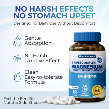 FKMS Authentic Triple Magnesium Complex | 300mg Magnesium Glycinate, Malate & Citrate for Sleep, Stress & Muscle Support | Non-GMO, Vegan, Gentle on Stomach | High Absorption | 90 Capsules FKMS AUTHENTIC buy supplements Au