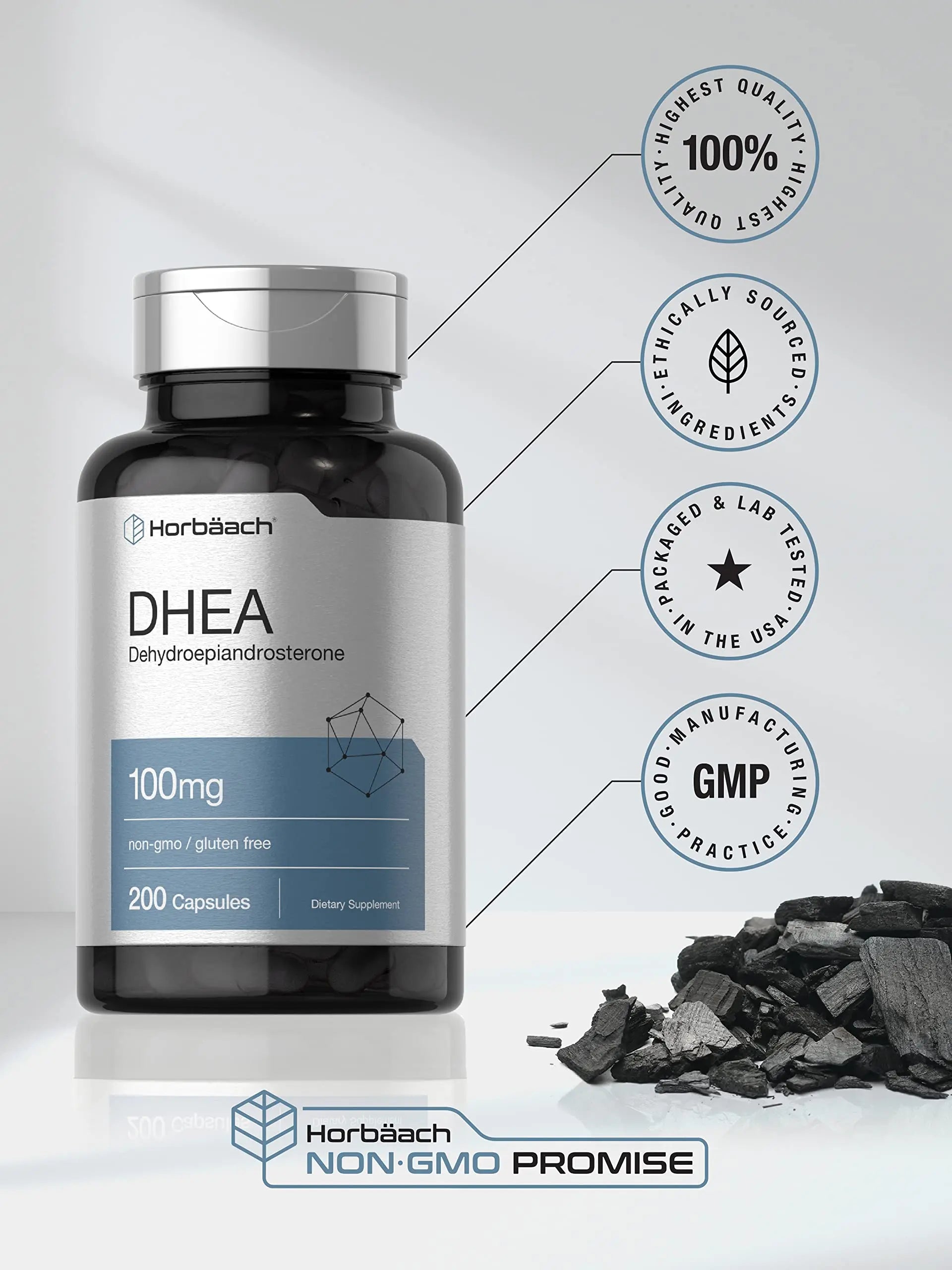 DHEA 100mg | 200 Capsules | Non-GMO, Gluten Free Supplement | by Horbaach Horbäach