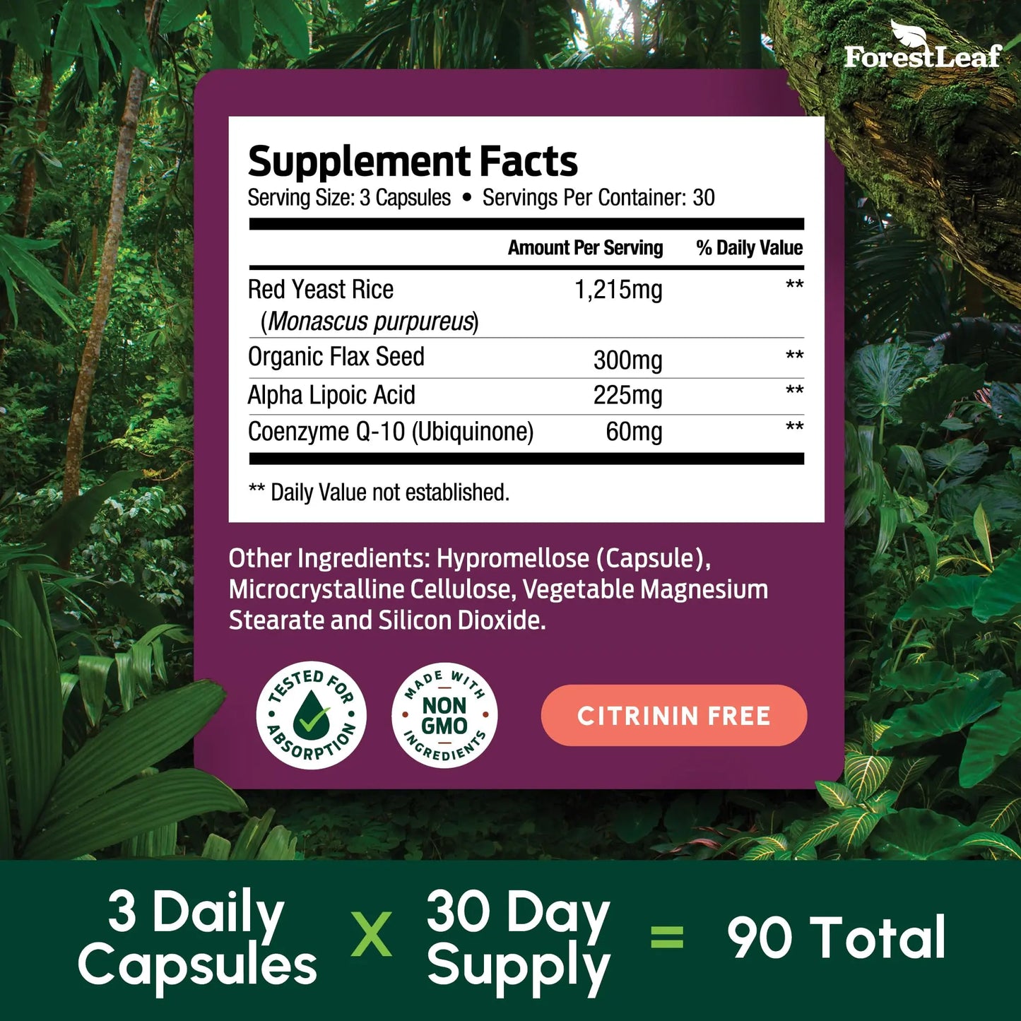 Red Yeast Rice 1215 mg. Capsules - Extra Strength Red Rice Yeast with CoQ10 Supplement, Plus Alpha Lipoic Acid & Organic Flaxseed, Citrinin Free, ForestLeaf