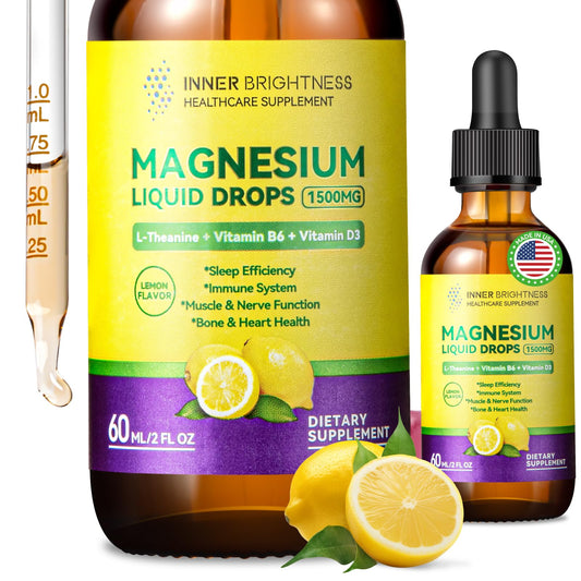 Magnesium Glycinate Liquid Drops 1500mg with Magnesium Citrate & Taurate, L-Theanine, Vitamin D3, B6 - Supports Calm, Sleep, Muscle Relaxation, Leg Cramps & Energy, Lemon Flavor, 60 mL Inner BrightnessBuy Supplements Australia