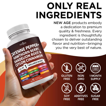 NEW AGE Cayenne Pepper Capsules Supplement with Hawthorn Berry, Dandelion Root, Ceylon Cinnamon, Garlic, Ginger, ACV, Milk Thistle, Beet Root, Aloe Vera - 120 Count NEW AGE buy supplements Au
