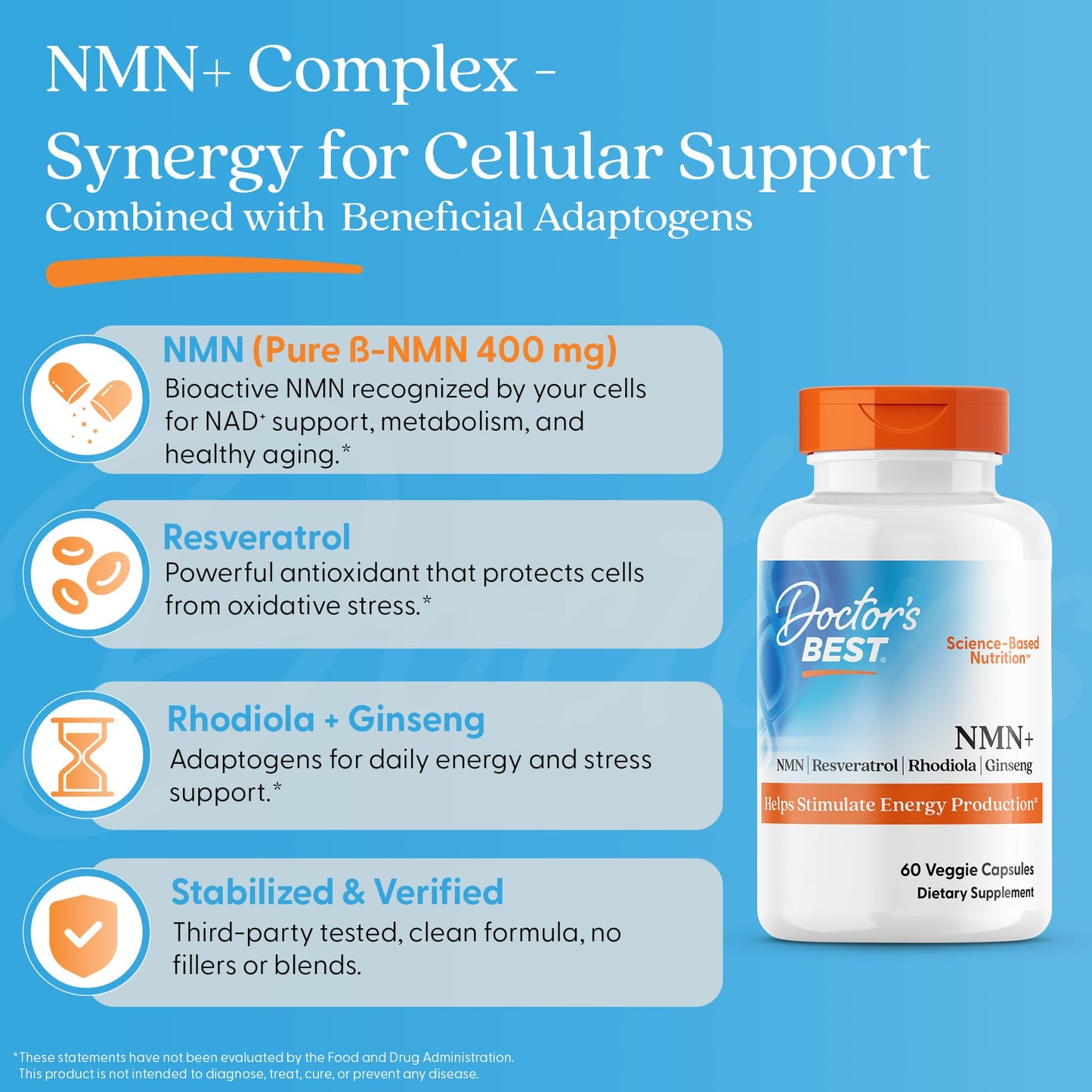 Doctor's Best NMN+ Complex Supplement Capsules for Women & Men - Supports NAD+ Production, Resveratrol 100mg & Beta Nicotinamide Mononucleotide 200mg per Capsule, Cellular Energy Support - 60 Veg Caps Doctor's BESTBuy Supplements Australia