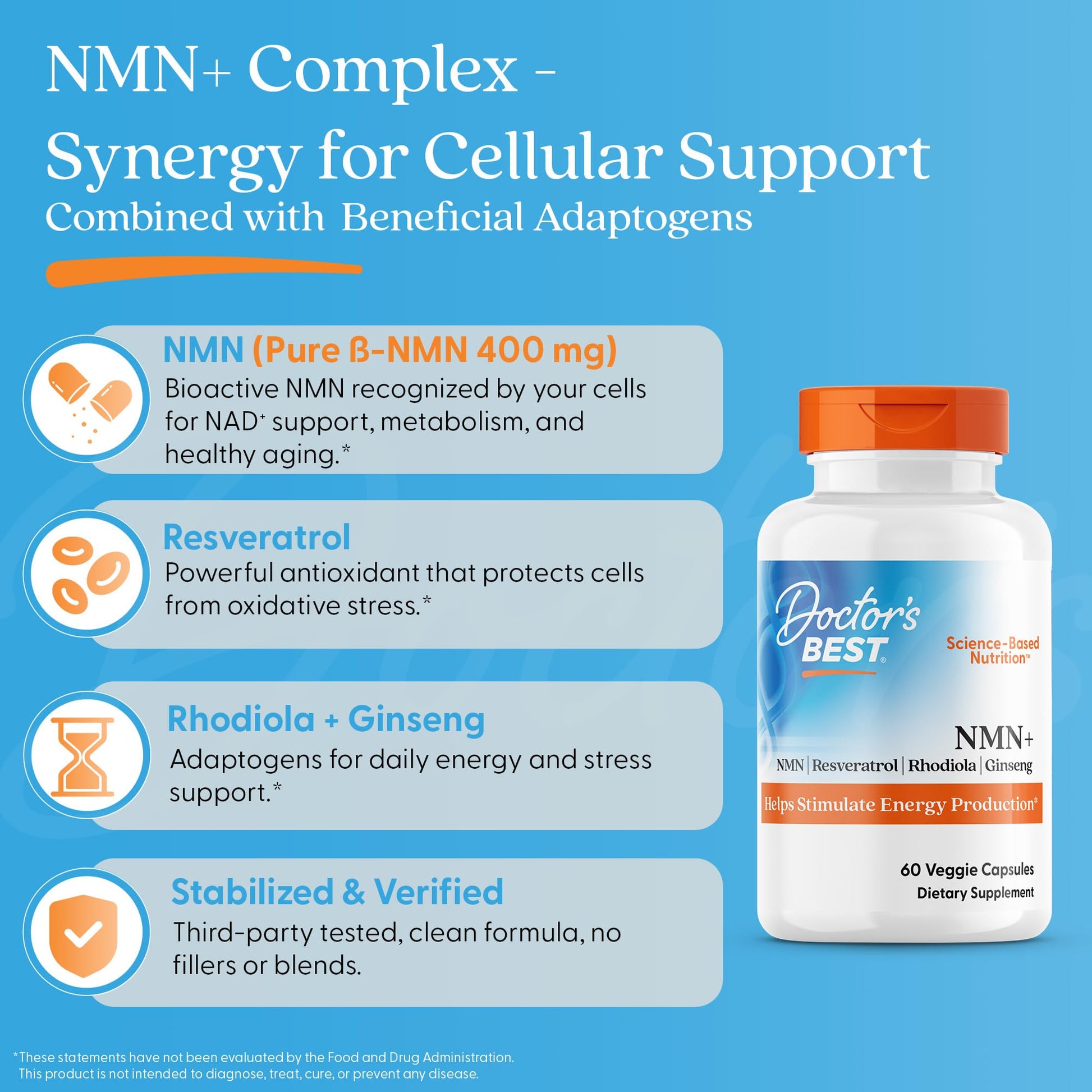 Doctor's Best NMN+ Complex Supplement Capsules for Women & Men - Supports NAD+ Production, Resveratrol 100mg & Beta Nicotinamide Mononucleotide 200mg per Capsule, Cellular Energy Support - 60 Veg Caps Doctor's BESTBuy Supplements Australia