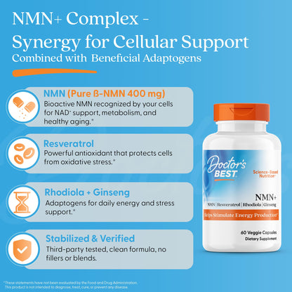 Doctor's Best NMN+ Complex Supplement Capsules for Women & Men - Supports NAD+ Production, Resveratrol 100mg & Beta Nicotinamide Mononucleotide 200mg per Capsule, Cellular Energy Support - 60 Veg Caps Doctor's BESTBuy Supplements Australia