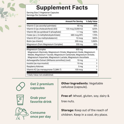 Magnesium Complex for Women, 240 Vegetarian Capsules | 20-in-1 Formula - Magnesium Blend with Vitamin D3, K2 Micro Ingredients